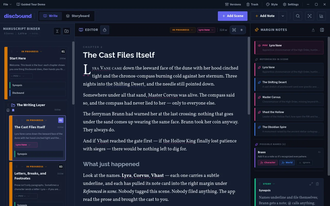Discbound editor — a focused manuscript view with chapter navigation and writing tools