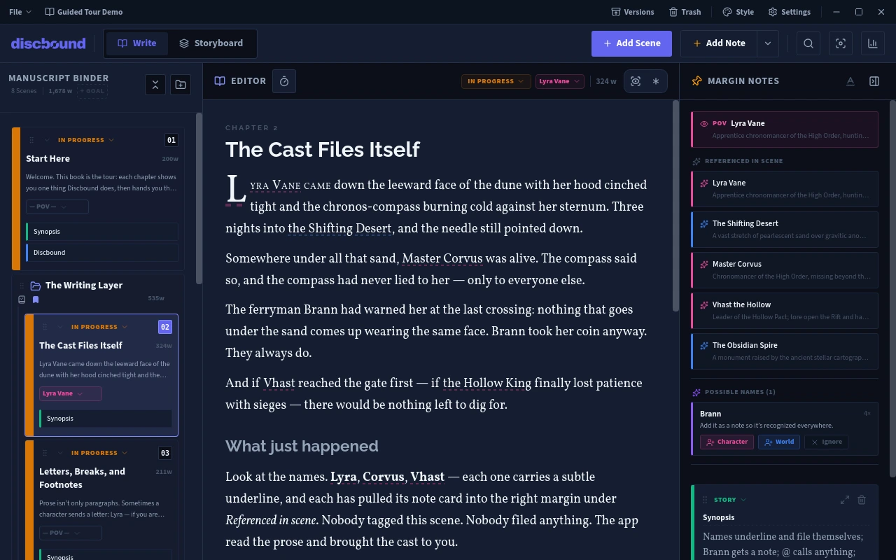 Discbound editor — a focused manuscript view with chapter navigation and writing tools